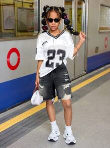 SHEIN Tween Girl Y2K 高腰宽松破洞柔软牛仔百慕大短裤，带毛边下摆，夏季骑行短裤，波西米亚风海滩音乐会狂欢节，女孩可爱夏季短裤毕业 - 灰色 - 查看 4