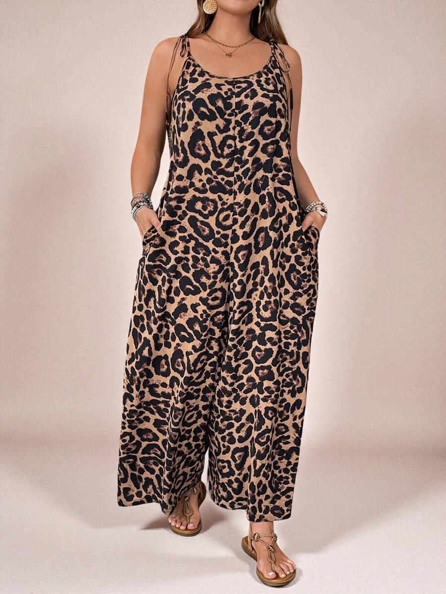 SHEIN VCAY Mono tipo salto de tiras de espagueti con espalda atada, de estilo vintage con estampado de leopardo, suelto, ideal para vacaciones de primavera/verano, reuniones con amigos, picnics al aire libre, festivales de música, talla grande - Multicolor - Ver 1