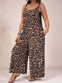 SHEIN VCAY Mono tipo salto de tiras de espagueti con espalda atada, de estilo vintage con estampado de leopardo, suelto, ideal para vacaciones de primavera/verano, reuniones con amigos, picnics al aire libre, festivales de música, talla grande - Multicolor - Ver 3