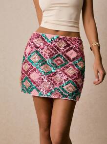 Poéselle Falda mini corta con diseño geométrico brillante, adecuada para ocasiones de fiesta