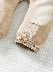 SHEIN Vintaside Kids Baby Girl Ruffle Sleeve Single-Breasted Ripped Casual Denim Jumpsuit - Apricot - View 6