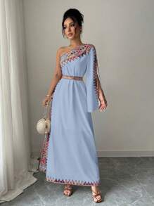 Elenzga Asymmetrischer Ausschnitt, geometrischer Muster, elegantes vintage langes Kleid - Babyblau - Übersicht 3