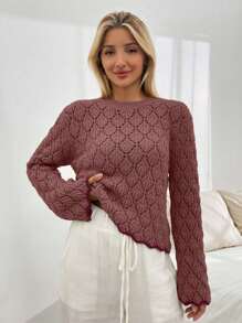 SHEIN Cottnline Women Pointelle Knit Round Neck Sweater With Striped Hem - Dusty Pink - View 2