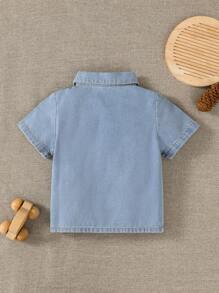 SHEIN Playful Pals Baby Boys' Casual Daily Light Blue Denim Shirt With Pocket Design Short Sleeve Top, Comfortable & Versatile For Outings Or Home Wear - Blue - View 2