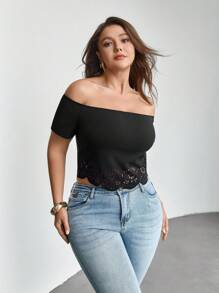 SHEIN Privé Plus Off Shoulder Laser Cut Scallop Edge Tee - Black - View 10