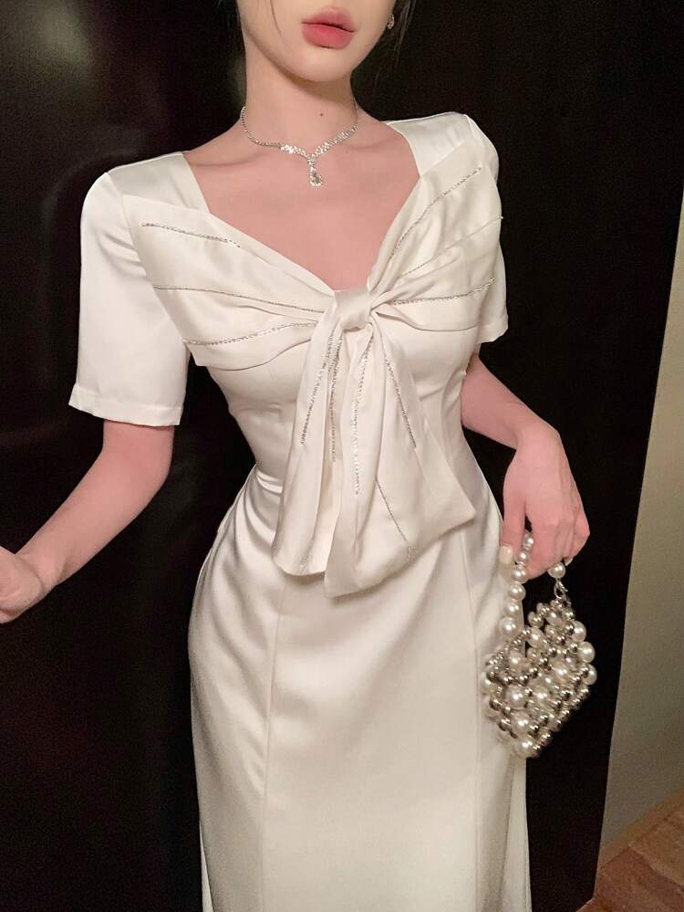 Women's Square Neck Bowknot Front Cinched Waist A-Line Long Dress, Elegant Evening Party Wear With Crystal Decor, Summer Wedding Women Dress