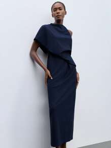 Maija Long Navy Blue Knit Dress For Women Elegant Stand Collar Asymmetrical One-Shoulder Design And Figure-Hugging Silhouette