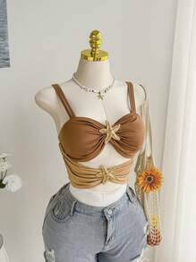 SHEIN EZwear Summer Vacation Casual Metal Starfish Buckle Contrast Color Hollow Plus Size Bodysuit - Multicolor - View 5