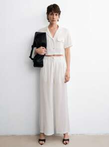 Aalyst Women's Spring And Summer Linen French Style Elegant Simple High-End Commute Office Casual Resort Lapel Button Two Pockets Short Sleeve Shirt + Straight Leg Pants Suit Set, 2 Pieces - White - View 4