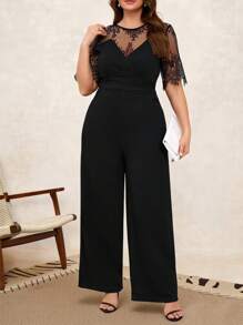 Reflora Curvy Plus Size 女士黑色优雅蕾丝拼接短袖连体裤，女士度假装，女士夏装，女士商务休闲装，外出装，女士办公室装，女士春装，节日装，复古装，女士连体裤，女士优雅连体裤，女士教师装，连体裤，单色 - 黑色 - 查看 3