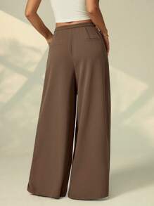 SHEIN PETITE Women's Casual Loose Solid Color Wide Leg Pleated Pocket Pants