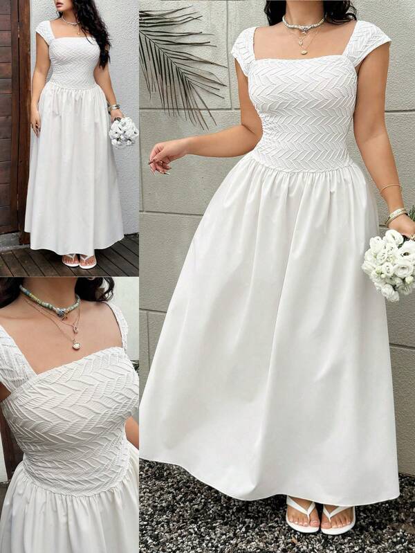 POPSWAY Rochie elegantă de vacanță/petrecere, mărime mare, cu umeri goi, cu panouri texturate, talie Empire, în linie A, culoare caisă