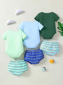 SHEIN 6件/包 婴儿可爱动物印花连体衣，多色多包装 - 彩色 - 查看 2