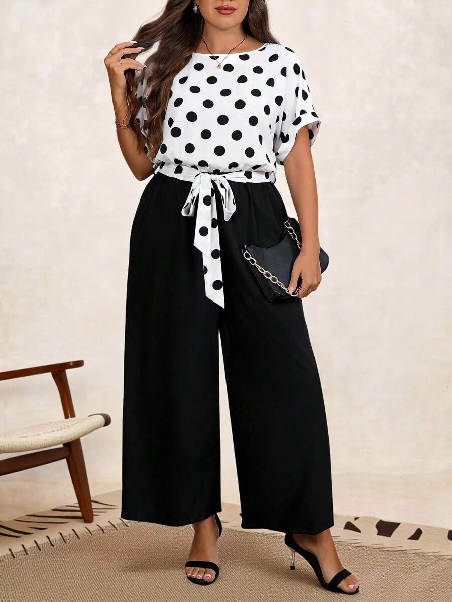 SHEIN Clasi Plus Size Minimalist Stylish Jumpsuit, Suitable For Summer - Black and White - View 1