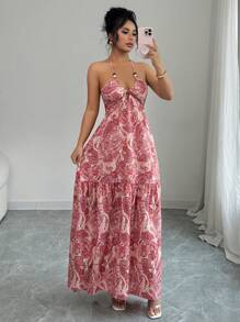 Rafferiza 粉色 V 领 Peris 碎花连衣裙，腰带配珍珠装饰，双荷叶边 A 字裙，适合女士，春夏季 - 粉色 - 查看 7