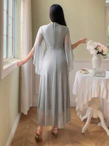 DAZY 女士优雅V领金箔褶腰连衣裙奢华舞会礼服 - 白色 - 查看 3