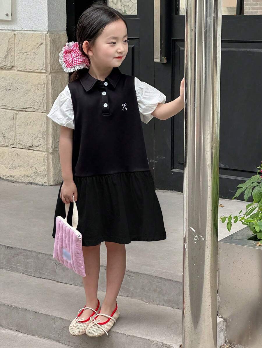 DAZY 年轻女孩拼布休闲泡泡袖蝴蝶结刺绣中长连衣裙，女孩夏季服装 - 黑色 - 查看 1