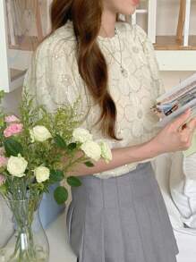 DAZY 女式夏季纹理面料圆领泡泡袖休闲亮片拼布装饰优雅派对风格短袖衬衫，返校服装 - 米色 - 查看 4