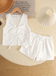 SHEIN LMoss Kids 少女休闲简约舒适无袖圆领系带蝴蝶结上衣和短裤两件套 - 白色 - 查看 5