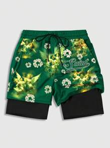 ROMWE MEN Street Life Shorts à cordon de serrage avec imprimé ange pour hommes, 688 - Vert - Voir 1