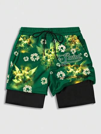 Street Life Pantalones cortos con cordón estampado de ángel para hombres, 688