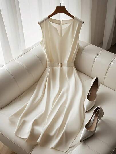 SHEIN Frenchy 大码女式夏季优雅简约办公室通勤 V 领腰带 A 字纯色连衣裙