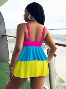 Slaydiva Women Plus Size 2 Pieces Bikini Set, Solid Color Patchwork Swimdress, Summer Holiday - Multicolor - View 2