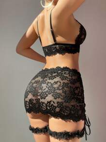 5 件套性感蕾丝心形扣吊袜带紧身连衣裙套装，带荷叶边裤脚 - 黑色 - 查看 1