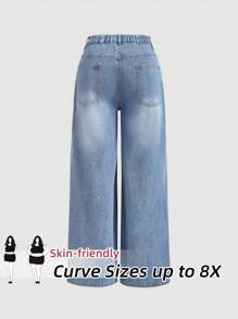 SHEIN CURVE+ Quần Jeans Denim Ống Thẳng Xanh Dương Cỡ Lớn Thường Ngày, Cong Cỡ Lớn, Kỳ Nghỉ Hoho - Rửa nhẹ - Xem 2