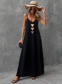 SHEIN LUNE Đầm hai dây in hình trái tim tối giản dành cho nữ, thích hợp cho mùa hè, đi chơi, phong cách thanh lịch, thường ngày. - màu đen - Xem 4