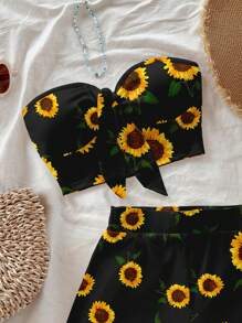 Soleia 女士休闲度假打结前抹胸上衣和紧身迷你短裤套装，适合夏季，向日葵和花卉印花 - 黑色 - 查看 5