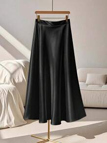 Franclia Chân váy chữ A màu đen trơn dành cho nữ, thời trang mùa hè thu - màu đen - Xem 3