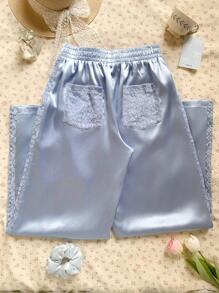 Muchica Women's Lace Patchwork Solid Color Elastic Waist Elegant Pants - Blue and White - View 2