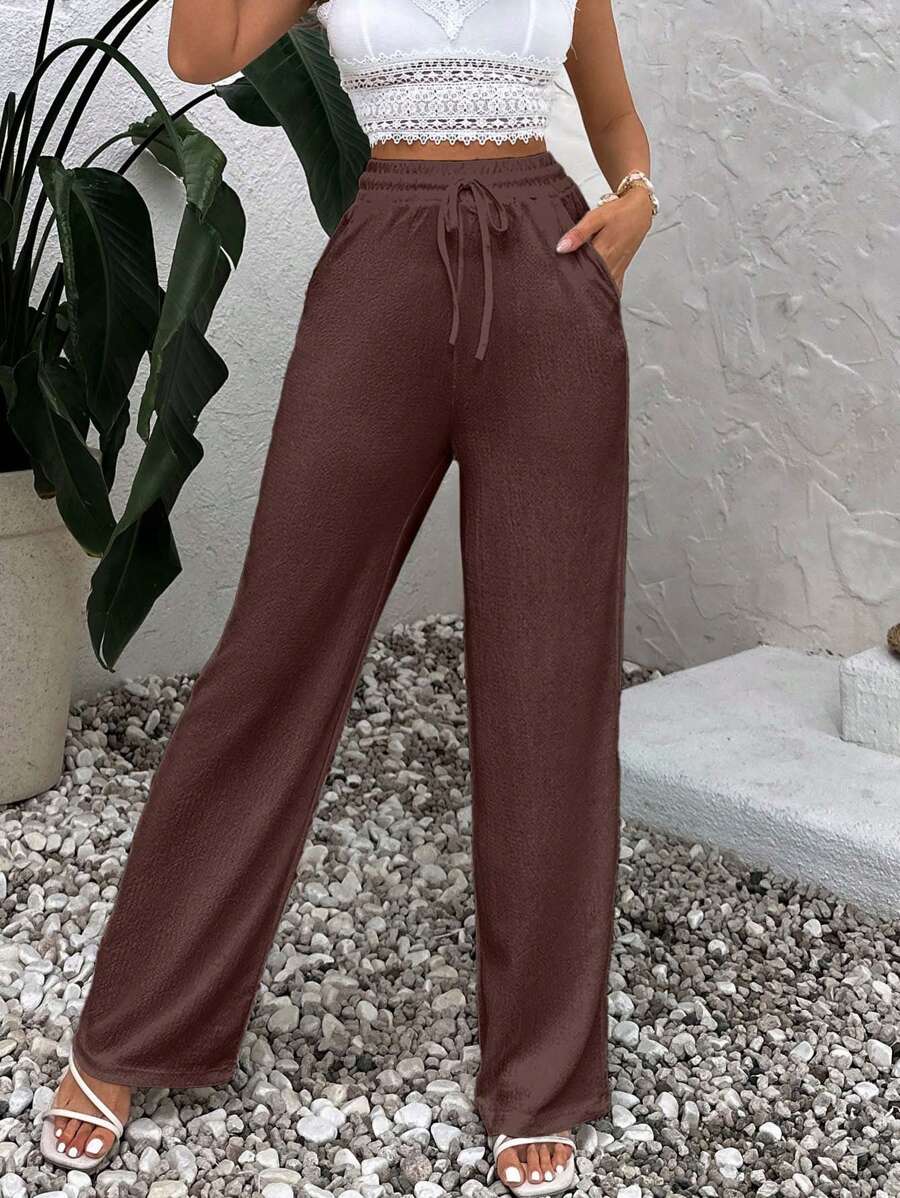 EURMUSE Women's Summer Solid Color Coffee Brown High Waist Drawstring Waist Linen Wide Leg Pants Home Casual - Brown - View 1