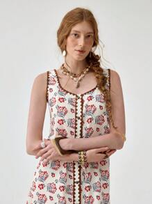Florisole Váy không tay họa tiết hoa phong cách Bohemian dành cho nữ, có chi tiết cài nút tinh xảo, phù hợp cho kỳ nghỉ hè - Đỏ - Xem 2