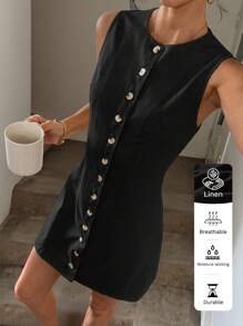 Easowa Button Front Slimming A-Line Sleeveless Cotton Linen Casual Holiday Elegant Mini Dress For Women - Black - View 1