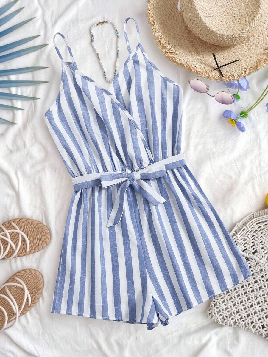 SHEIN Teen Girls Two Tone Striped Surplice Neck Belted Slip Romper