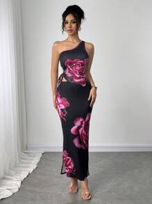 SHEIN Clasi 优雅花卉印花单肩上衣和裙子两件套 - 紫色 - 查看 4