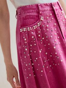 MOTF STUDIO SPÓDNICA DŻINSOWA Z KIESZENIAMI I SZTUCZNYMI PERŁAMI - Różowy - Zobacz 2