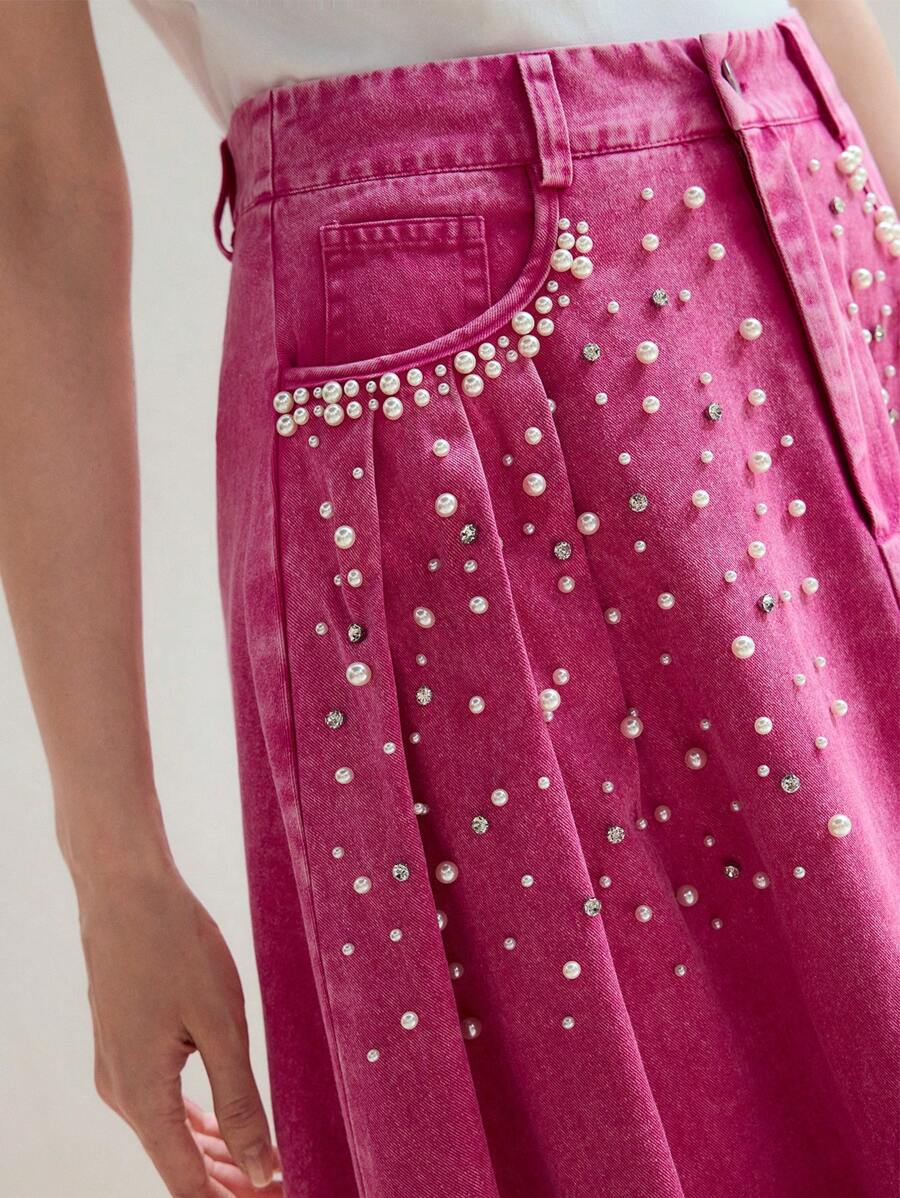 MOTF STUDIO SPÓDNICA DŻINSOWA Z KIESZENIAMI I SZTUCZNYMI PERŁAMI - Różowy - Zobacz 2
