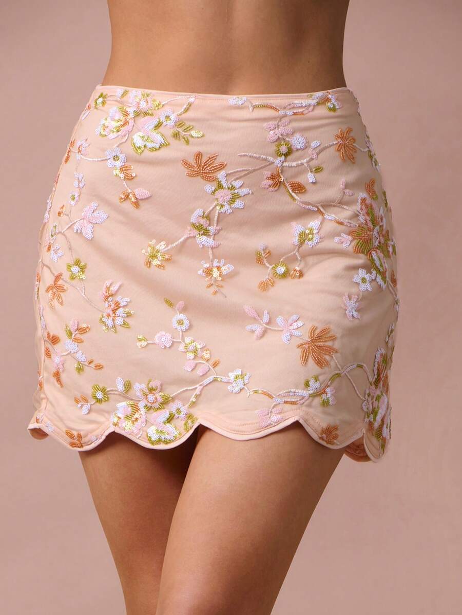 Enchnt Women's Elegant Peach Summer Mini Skirt,Tea Party Orange Sequined Embroidered Scalloped Trim Skirt For Birthday,Vacation&Wedding Guest - Orange - View 1