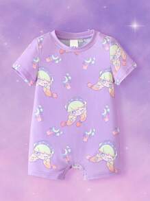 Pop Mart Azura X SHEIN Baby Girl Cartoon Pattern Dreamy & Cute Kid-Inspired Purple Short Sleeve Romper