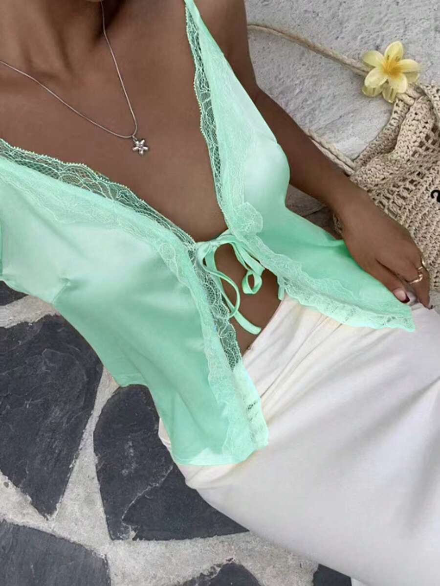 SHEIN Unity 女士夏季纯色蕾丝拼接前系带休闲吊带背心 - 薄荷綠 - 查看 1