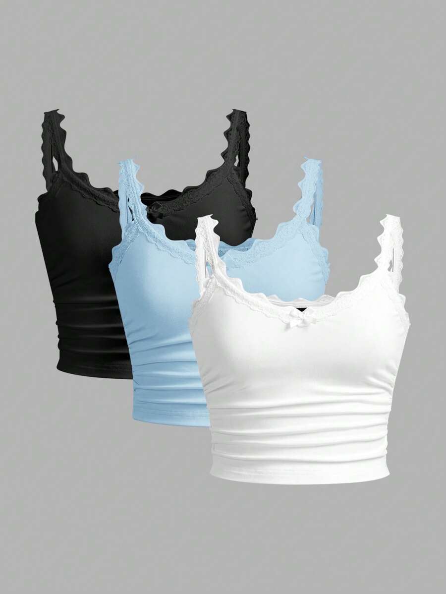 SHEIN MOD 3件套女士休闲蕾丝边褶饰吊带背心套装,黑色、浅蓝色、白色,适合夏季 - 彩色 - 查看 1