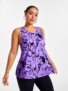 Easithlete Plus Size All-Over Print Asymmetric Hem Round Neck Summer Sports Top - Purple - View 7
