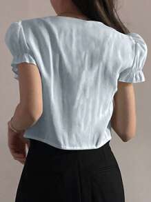 DAZY Women's Solid Color Tie Front Short Sleeve Cropped Elegant Blouse