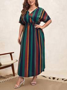 SHEIN Clasi Plus Striped Print Batwing Sleeve Hidden Pocket Dress, Summer - Multicolor - View 5