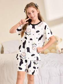 SHEIN 全身奶牛动物印花女童睡衣套装 - 白色 - 查看 4