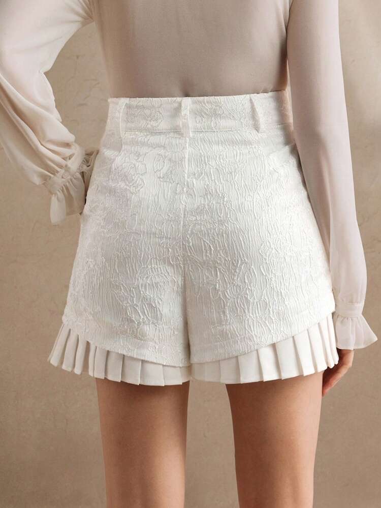 Ladies' Spring And Summer Woven Texture Jacquard Fabric, Pleated Splicing Decoration, White Short Style