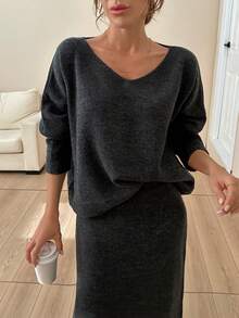 EURMUSE Modern Muse Ribbed Knit Maxi Skirt Oversized Casual Sweater Set Louchy Cold Shoulder Co-Ord Set In Charcoal Gray,Petite,Autumn Clothes Home Everyday - Dark Grey - View 1